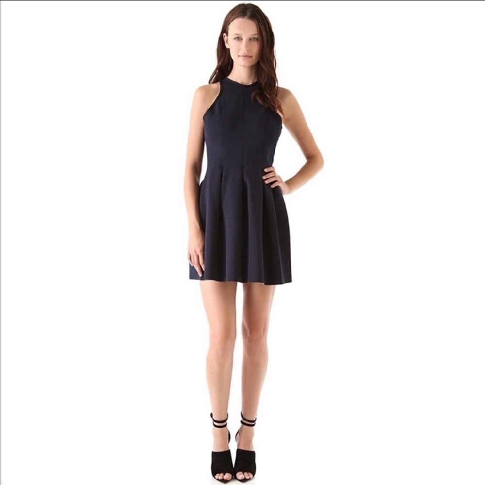 T By Alexander Wang Neoprene Inverted Pleat Dress Sz XS Navy With Black Trim